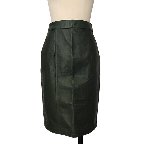 Vintage 90s Leather Pencil Skirt Size S Gray Green Goth Moto Cayenne Knee Length - Picture 1 of 6